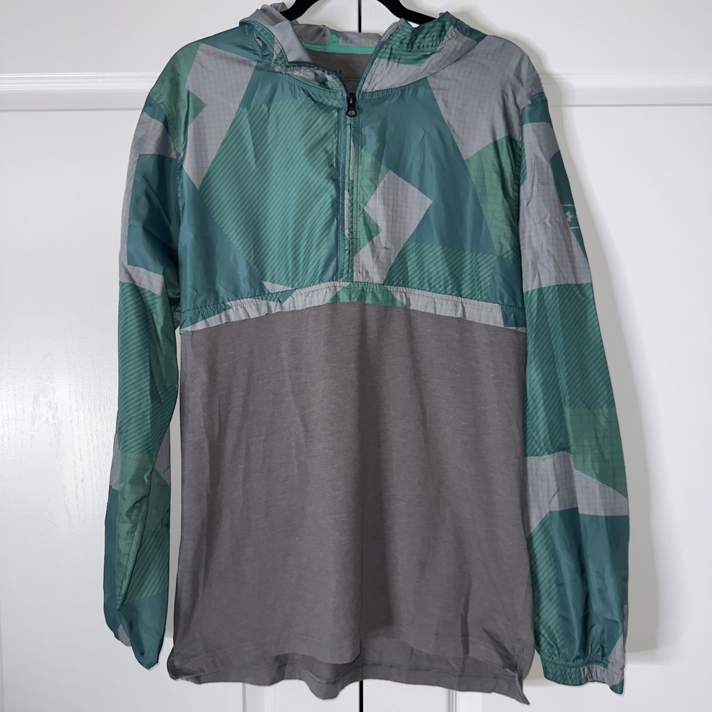 Under Armour Windbreaker Jacket Mens Large Gray Green Hooded‎ 1/2 Zip Geometric